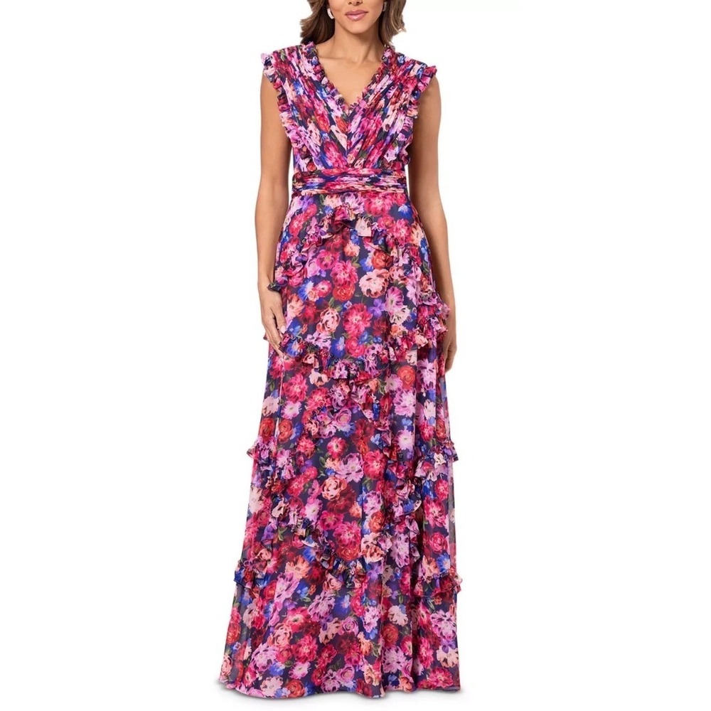 AQUA Formal Floral Ruffle Maxi Dress Pink Blue V-Neck Sleeveless Size 0 NEW